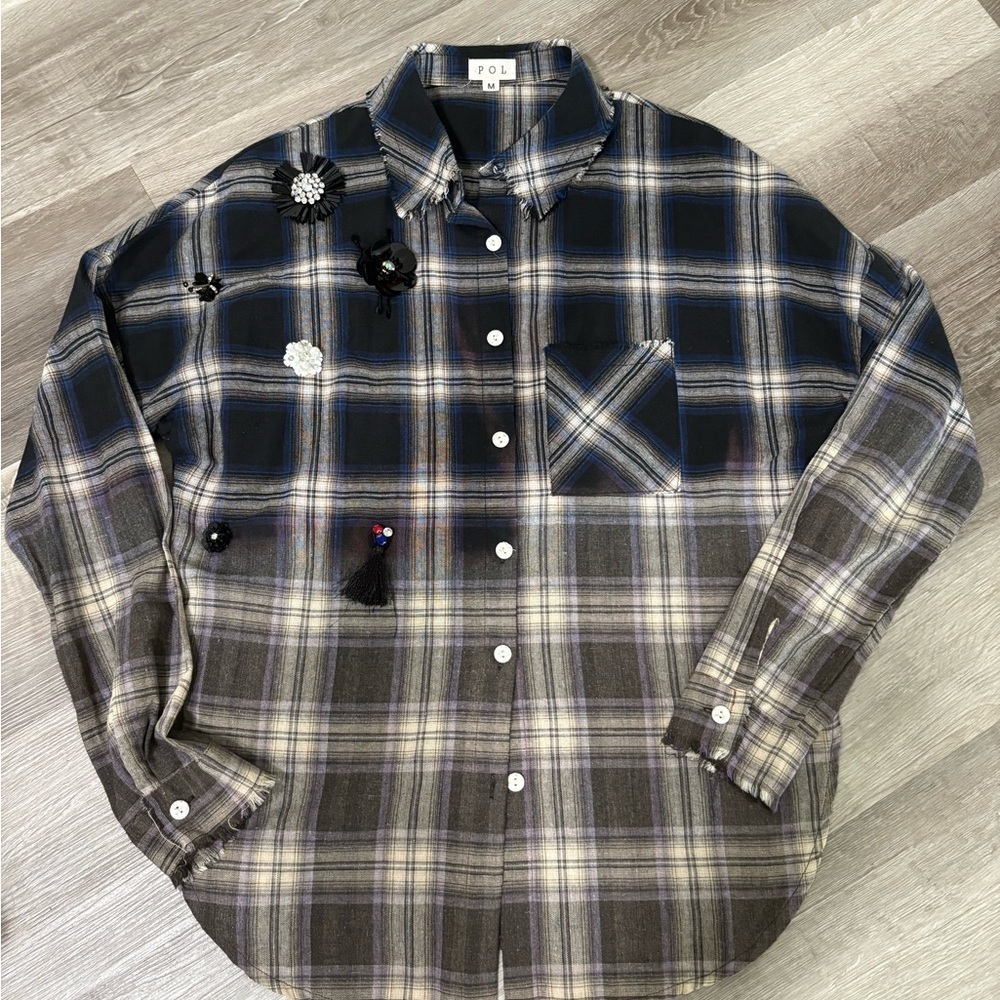 POL Women’s  Black and Gray Plaid Shirt with Embellishments